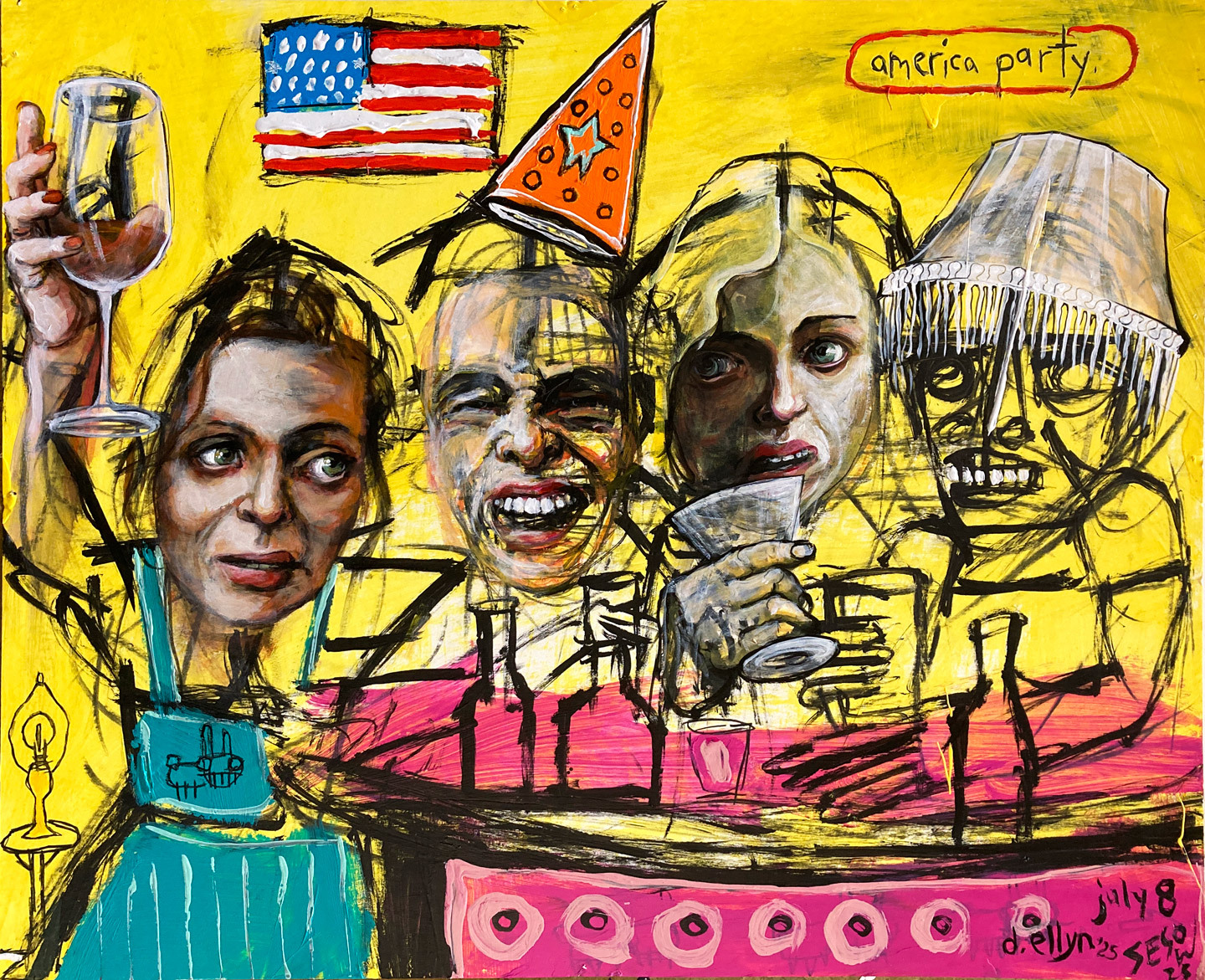 group of women with various expressions, some drinking surrounded by bottles and American flag