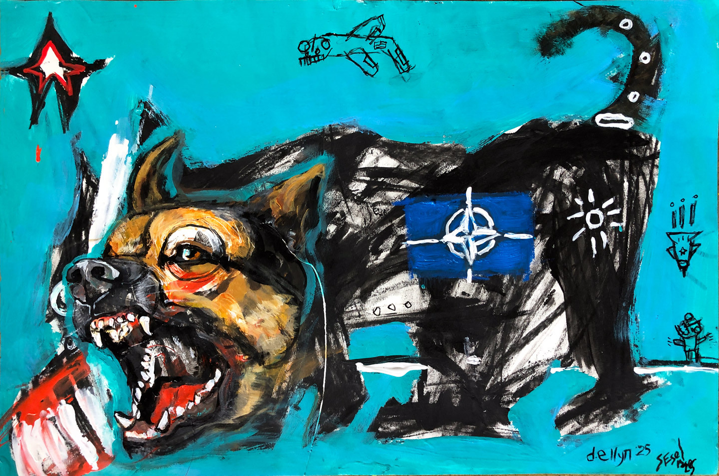 barking dog baring its teeth with fighter jet and star overhead