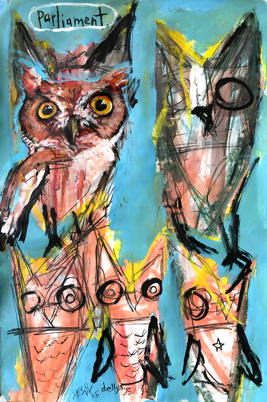 4 abstract 1 realistic owls in black white and red on blue background