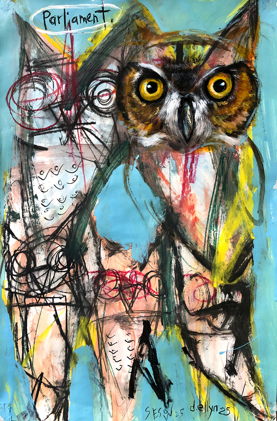 4 abstract 1 realistic owls in black white and red on blue background